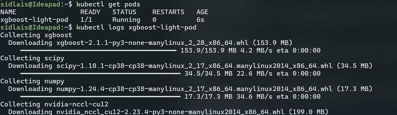 Terminal output showing the xgboost-light-pod running and installing XGBoost, SciPy, NumPy, and NCCL dependencies.