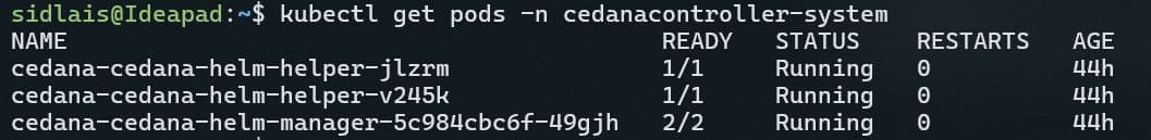 Terminal output showing Cedana Helm helper and manager pods running in the cedanacontroller-system namespace.