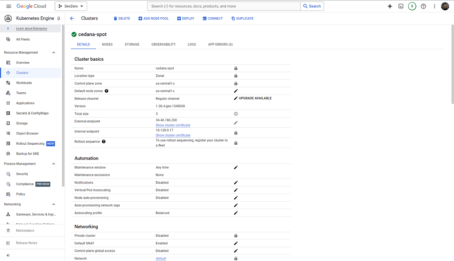 Google Cloud console showing the cedana-spot GKE cluster details in us-central1-c.
