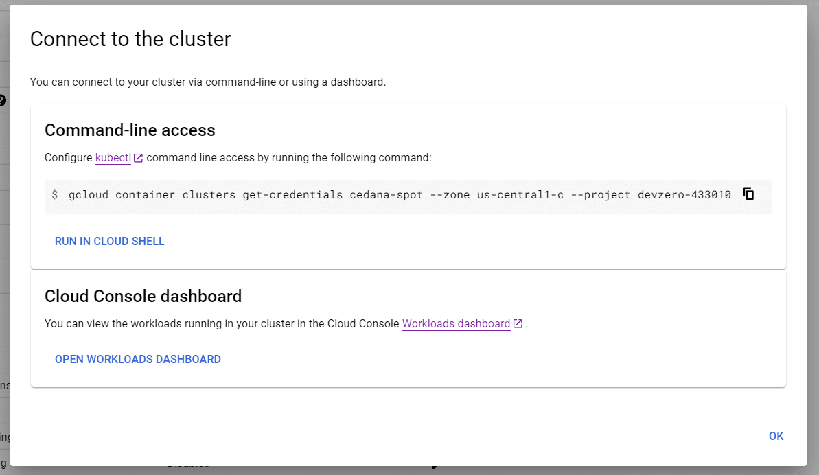 Google Cloud dialog showing the gcloud command to connect to the cedana-spot cluster.